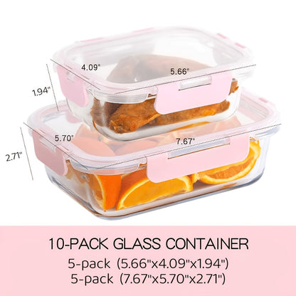 Glass Food Storage Containers with Lids 10PCS Set – Airtight Leak-Proof Meal Prep Containers, Dishwasher & Oven Safe, Lunch & Leftover Storage