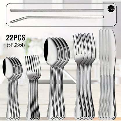 Stainless Steel Flatware Cutlery Set – Mirror Polished, Dishwasher Safe, Silver & Black Options, Service for 4 / 8 / 12 – Kitchen Utensil Set for Home, Restaurant & Wedding Gift