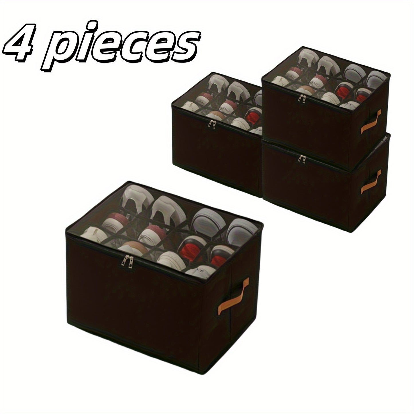 Oxford Fabric Shoe Storage Organizer with Adjustable Dividers, Transparent Lid & Handles – Holds 12 Pairs, Foldable, Zippered Dustproof, 2 or 4 Pack