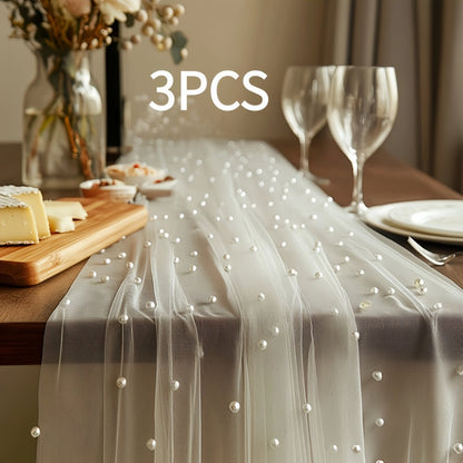 White Pearl Beaded Tulle Table Runner 2.5×9.8ft | Wedding Ceremony Backdrop, Birthday Party & Valentine's Day Romantic Decor, Sheer Mesh Fabric 3PCS