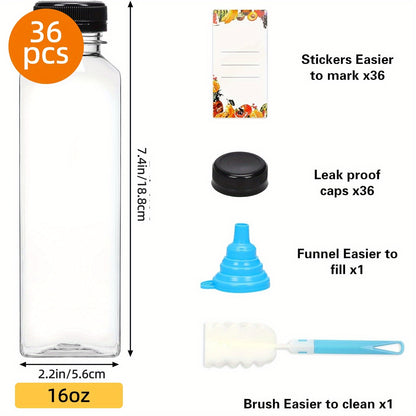Plastic Juice Bottles with Lids - Clear Reusable Drink Containers for Juice Smoothies Water and Beverages, Available in 12oz and 16oz in Sets of 20, 36, 56 or 100, Includes Funnel and Cleaning Brush