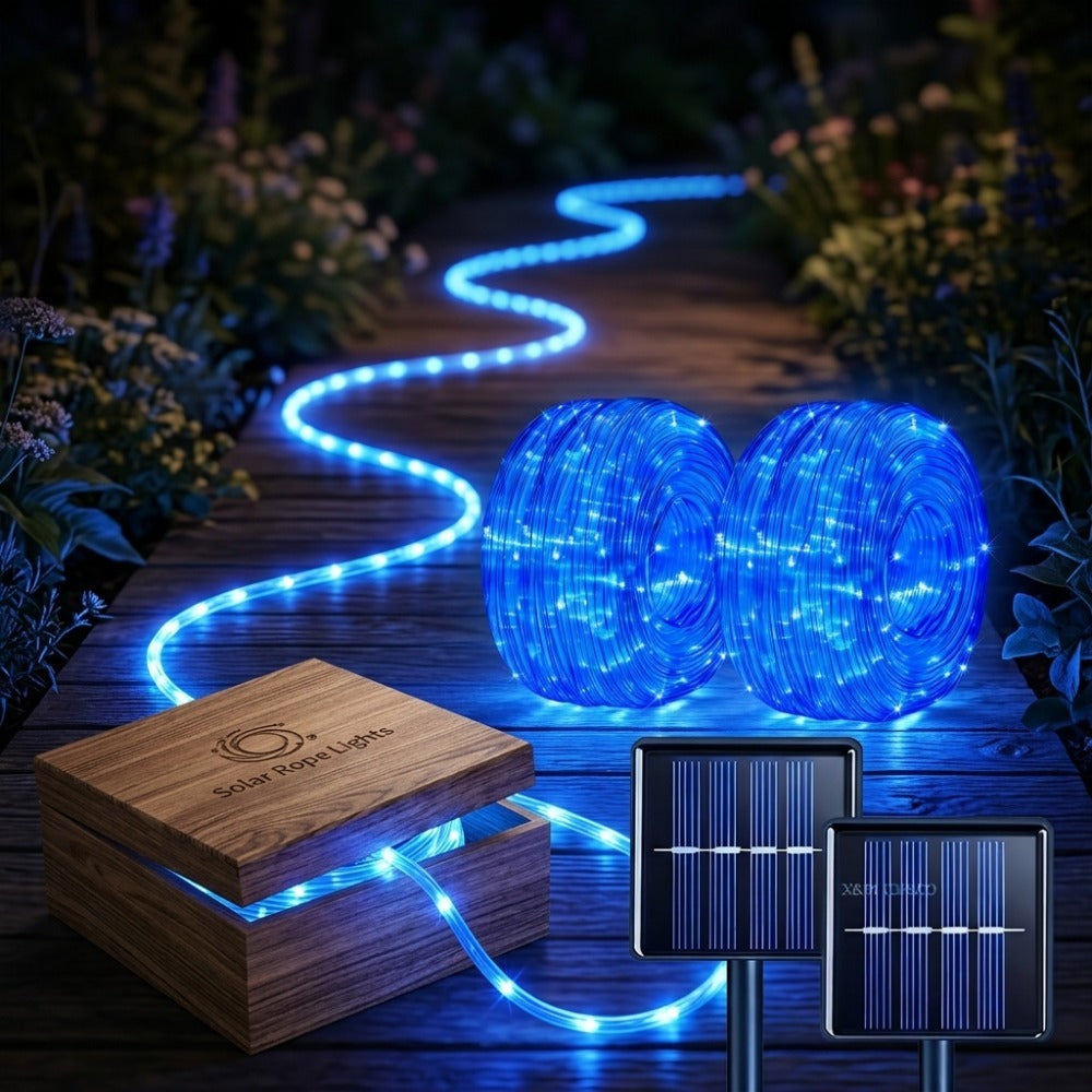 Outdoor Solar LED String Lights Waterproof – Flexible Fairy Lights 23FT to 105FT for Pool, Fountain, Garden, Patio & Wedding Decor – Neon Blue, White, RGB & Amber Colors