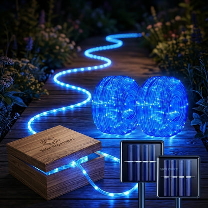 Outdoor Solar LED String Lights Waterproof – Flexible Fairy Lights 23FT to 105FT for Pool, Fountain, Garden, Patio & Wedding Decor – Neon Blue, White, RGB & Amber Colors