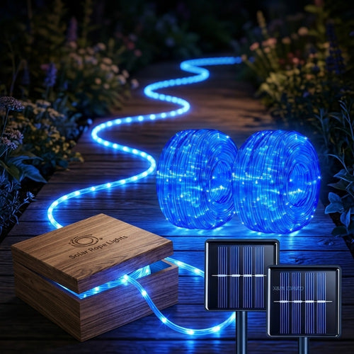 Outdoor Solar LED String Lights Waterproof – Flexible Fairy Lights 23FT to 105FT for Pool, Fountain, Garden, Patio & Wedding Decor – Neon Blue, White, RGB & Amber Colors