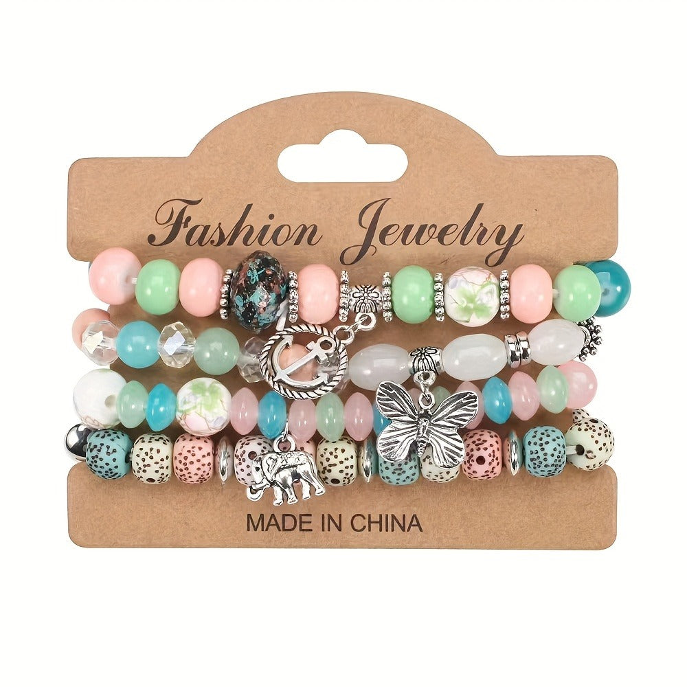 Bohemian Beaded Bracelet Set 24pcs – Multi-Layer Wooden Bead Elastic Bracelets with Butterfly Elephant Tree Pendant, Handmade Colorful Tassel Wristbands for Women Men, Party Gift & Daily Wear