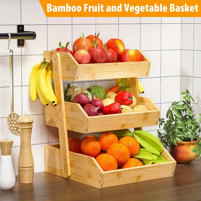 Bamboo Fruit Storage Rack 2-3 Tier with Hooks, Kitchen Counter Organizer for Fruits Vegetables Bread Spices, Freestanding Shelf Basket Display Stand