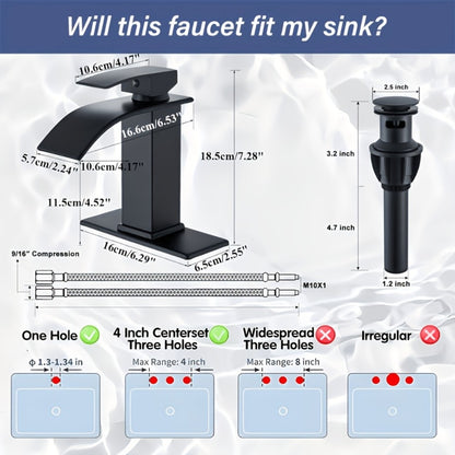 Waterfall Bathroom Faucet Single Handle - Modern Sink Faucet with Valve, Chrome & Matte Black & Brushed Nickel & Brushed Gold Finish, 1 or 3-Hole Deck Mount, G9/16 Threads, Water Supply Lines Included