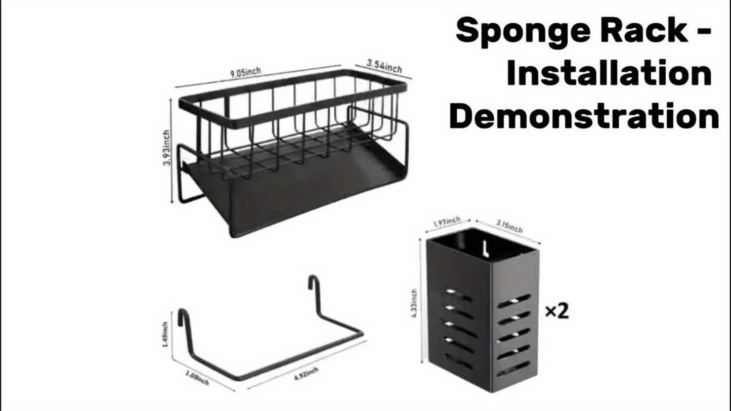 Kitchen Sink Organizer Sponge Holder with Self-Draining Tray Removable Rag Rod Carbon Steel Countertop Storage Rack for Sponges Brushes Soap Bathroom
