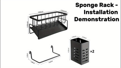 Kitchen Sink Organizer Sponge Holder with Self-Draining Tray Removable Rag Rod Carbon Steel Countertop Storage Rack for Sponges Brushes Soap Bathroom