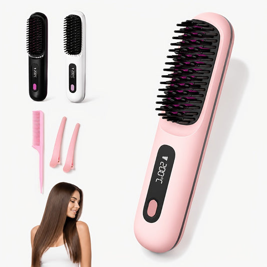 Cordless Hair Straightening Brush – Mini Rechargeable Portable Straightener Comb for Travel Daily Styling, Fast Heating Anti-Scald Frizz Control for All Hair Types, Black & White