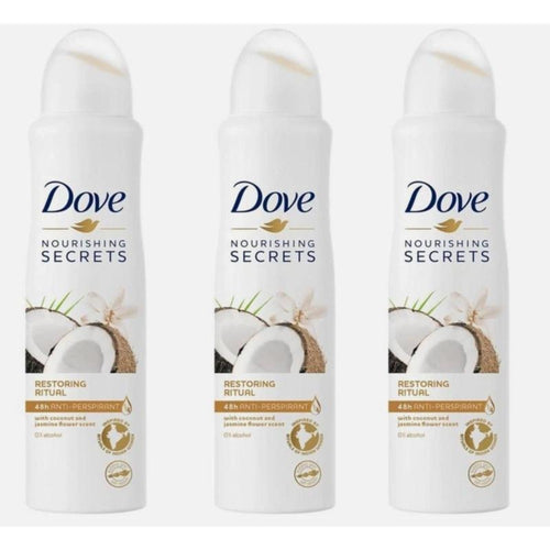Dove Antiperspirant Deodorant Spray 3-Pack Coconut Jasmine Restoring Ritual 150ml Each – 48-Hour Sweat & Odor Protection with Moisturizing Formula for Women Tropical Fragrance Body Spray