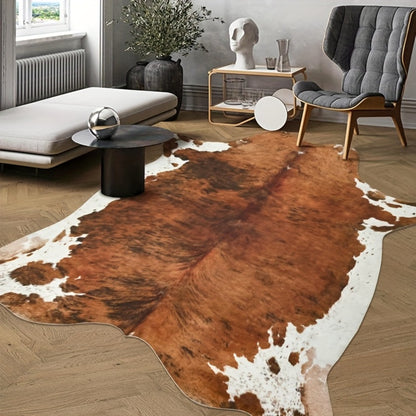 Faux Cowhide Rug Brown Western Style Area Carpet | Non-Slip Suede Backing | 5.2×4.6 & 6.2×5.2 Ft | Living Room Bedroom Office