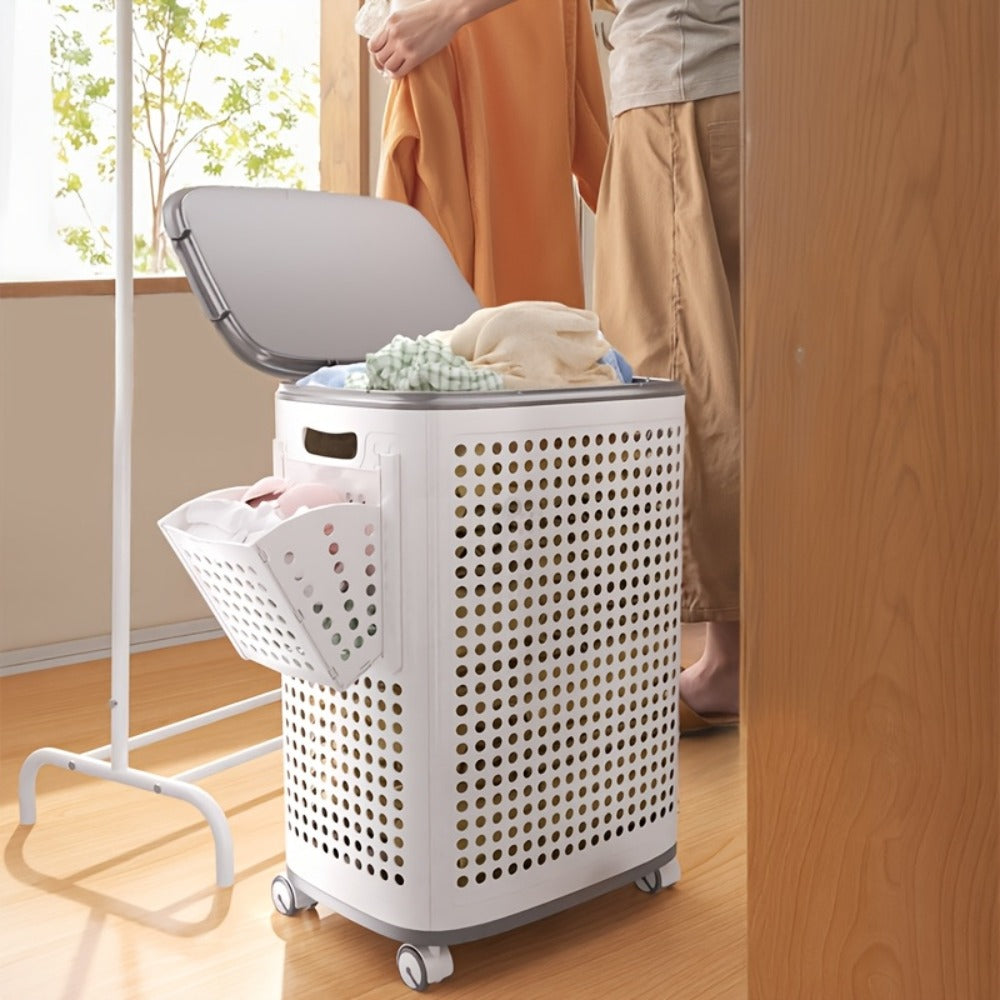 Rolling Laundry Basket with Lid and Wheels – Large Foldable Ventilated Storage Bin with Lockable Casters, Removable Inner Basket for Underwear, Space-Saving Clothes Hamper for Bedroom & Bathroom