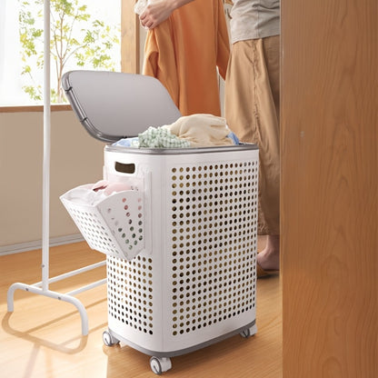 Rolling Laundry Basket with Lid and Wheels – Large Foldable Ventilated Storage Bin with Lockable Casters, Removable Inner Basket for Underwear, Space-Saving Clothes Hamper for Bedroom & Bathroom