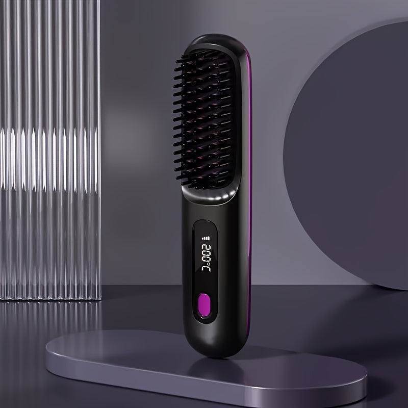 Cordless Hair Straightening Brush – Mini Rechargeable Portable Straightener Comb for Travel Daily Styling, Fast Heating Anti-Scald Frizz Control for All Hair Types, Black & White