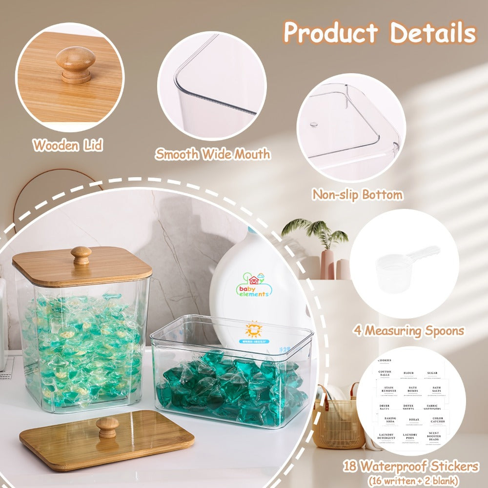 Laundry Pod Containers Set of 4 with Lids Scoops and Labels – Laundry Room Organization Storage Canisters for Pods Detergent Dryer Balls Scent Beads Mixed Color