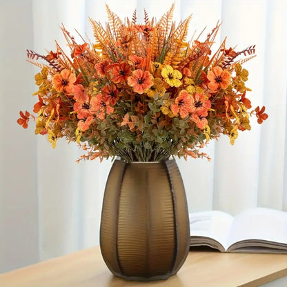 Artificial Autumn Flowers Set of 8 UV Resistant Fake Fall Floral Stems Mix Colors Indoor Outdoor Home Decor Vase Arrangement Fireplace Porch Garden Living Room