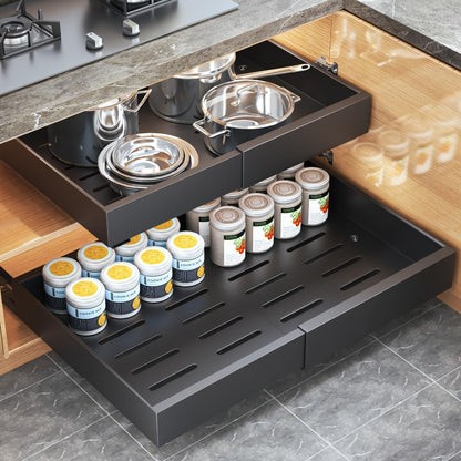 Pull Out Cabinet Organizer Expandable Slide-Out Drawer Shelf Heavy Duty Carbon Steel Silent Sliding Rust-Resistant Storage Rack for Kitchen Bathroom Pantry 12.6"-20.5" Wide