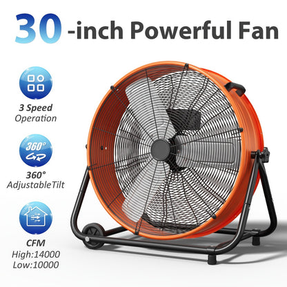 Industrial Drum Fan 24 & 30 Inch | High Velocity Floor Fan 9460-14000 CFM, 3-Speed Air Circulator with 180° Tilt for Warehouse, Garage, Workshop, Job Site & Large Space Cooling – Multiple Colors