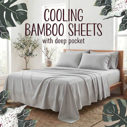 Bamboo Fiber Bed Sheet Set 4-Piece – Cooling Sheets, Hypoallergenic, Deep Pocket Fitted Sheet, Wrinkle-Free Bedding for All Seasons, Twin Full Queen King
