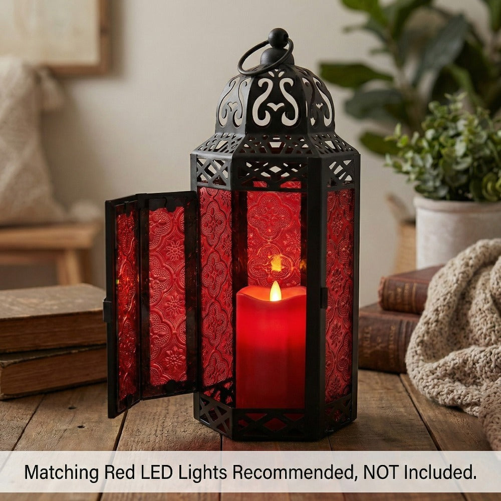 Moroccan Candle Lantern Holder - Decorative Metal & Glass Lantern with Embossed Floral Design for Indoor Home Decor, Garden, Patio, Weddings, Ramadan, Halloween & Holiday Celebrations - 10.5" Tall Medium Size