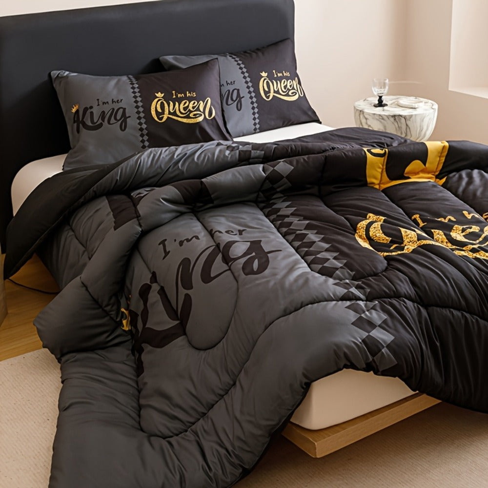 Comforter Set 3-Piece – Soft Breathable Quilt with 2 Pillowcases, Black Grey Color Block Crown Letter Print, Twin Full Queen King, 180GSM Bedroom Bedding Set