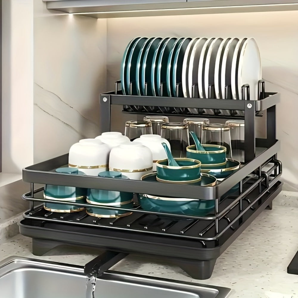 2-Tier Dish Drying Rack with Drainboard & Mat – Metal Dish Rack for Kitchen Counter with Knife Fork Cup Holder