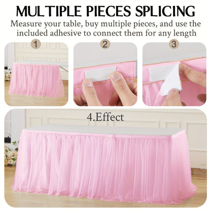 Pink Tutu Table Skirt 6ft – Ruffle Tulle Table Skirt for Rectangle & Round Tables, Princess Girls Birthday Party, Cake Dessert Table Decor, Gold Brim, Multiple Colors Available