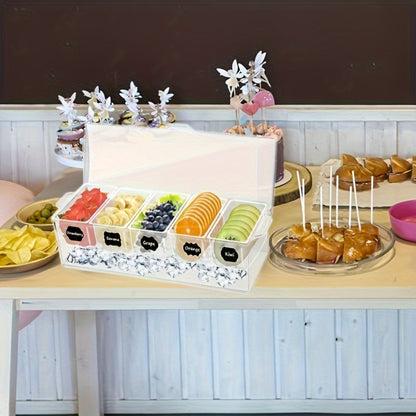 Fruit Salad Bowl with Lid and 5 Compartments, Portable Chilled Serving Tray with 5 Forks and 2 Tongs, Detachable Fruit Storage Box for Party Entertaining Bar Decoration Buffet Table