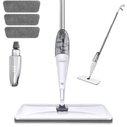 Spray Mop with 3 Washable Microfiber Carbon Fiber Pads Water Spraying Flat Mop Wet Dry Dual Use Floor Cleaning for Hardwood Laminate Tile Ceramic 4pc White