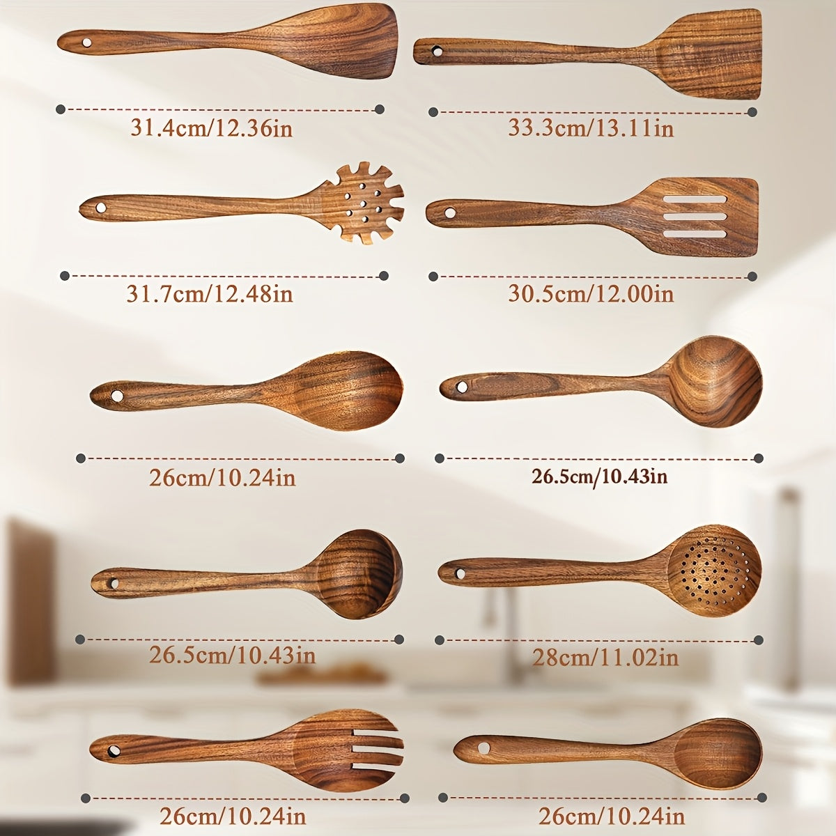 Wooden Kitchen Utensils Set – Natural Wood Spoon Spatula & Wok Spatula with Ergonomic Handle, Heat-Resistant Non-Stick Safe Cooking Tools, Easy to Clean Durable Kitchen Essentials (5 / 6 / 10 Piece Sets)