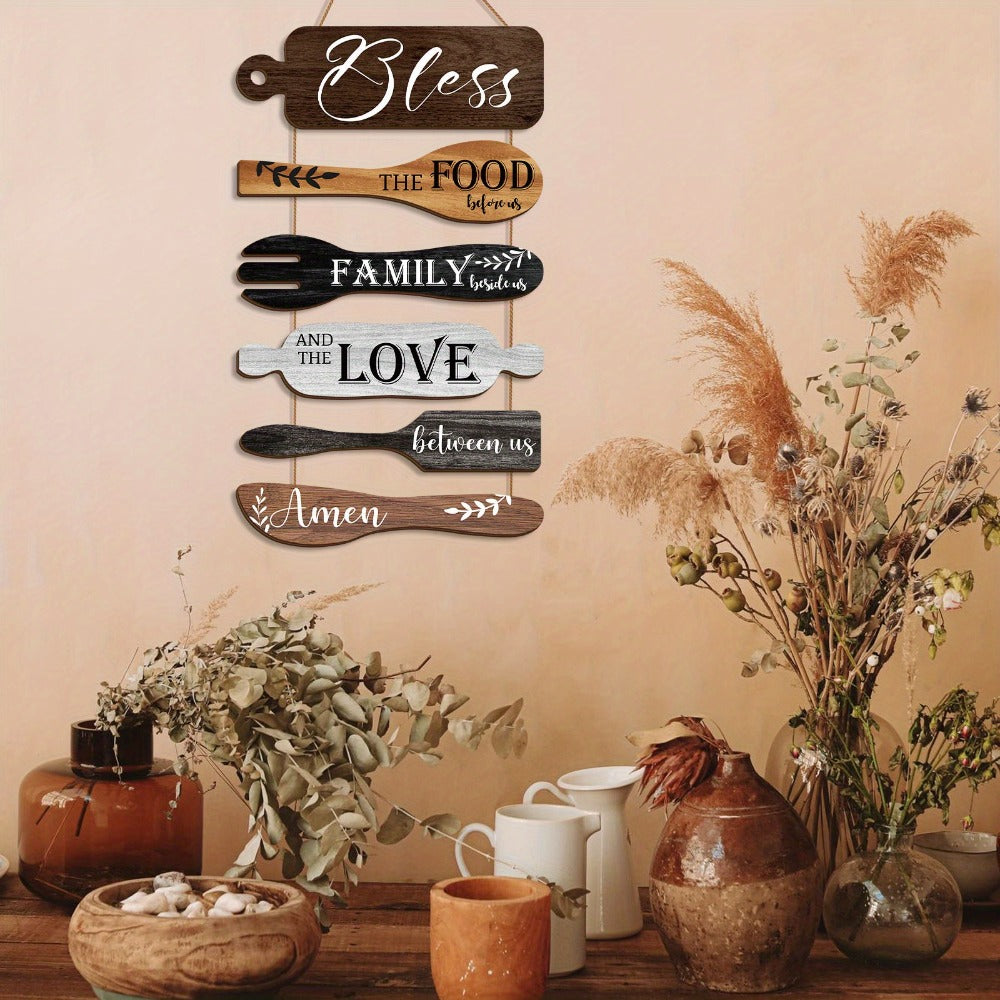 Farmhouse Wall Decor Wood Sign Set - "Bless The Food Before Us" Rustic Kitchen Dining Room Hanging Plaque, 6-Piece Rope Wood Board Art, Housewarming Thanksgiving Gift for Home