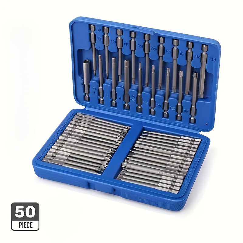 Magnetic Screwdriver Bits Set 50pcs – 75mm Extended Security Bits, 1/4" Hex Shank, Torx Star Hex Spline, for Power Drills & Hand Screwdrivers