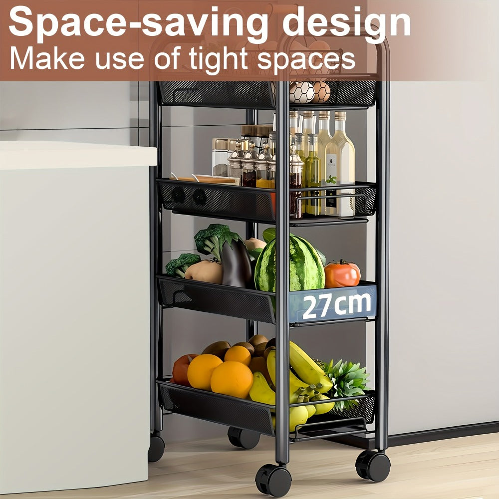 Rolling Storage Cart on Wheels – 3/4/5 Tier Carbon Steel Wire Basket Trolley, Black Metal Utility Cart for Kitchen, Bathroom, Bedroom, Office & Living Room, Space-Saving Detachable Shelving Unit