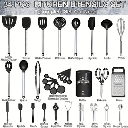 Silicone Cooking Utensils Set 34 Piece with Stainless Steel Handle, Heat Resistant Kitchen Gadgets Tools for Nonstick Cookware, Spatulas Spoons Tongs Whisk Complete Kitchen Accessories Gift Set