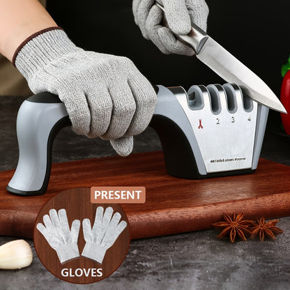 4-in-1 Knife Sharpener Manual Kitchen Tool for Chef Knives, Paring Knives, Steel Blades & Scissors – 4 Stage Sharpening System with Non-Slip Base