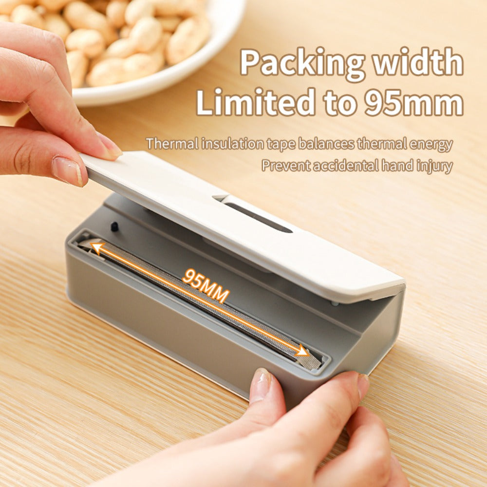 Portable Mini Bag Sealer USB Rechargeable – Handheld Food Sealer with Built-In Cutter for Fruits, Vegetables, Snacks & Chips – Compact Kitchen & Outdoor Picnic Sealing Tool, White & Blue