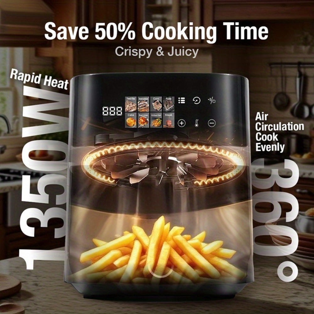 Air Fryer 8-in-1 with LED Touchscreen, 6QT Large Capacity Electric Hot Air Oven, 1350W 360° Hot Air Circulation, Non-Stick Fry Basket, Heat-Insulated Handles, 8 Cooking Presets for Home Kitchen