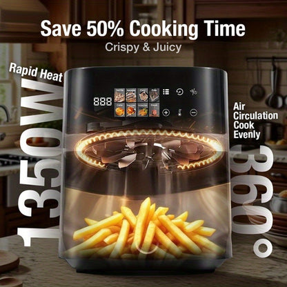 Air Fryer 8-in-1 with LED Touchscreen, 6QT Large Capacity Electric Hot Air Oven, 1350W 360° Hot Air Circulation, Non-Stick Fry Basket, Heat-Insulated Handles, 8 Cooking Presets for Home Kitchen