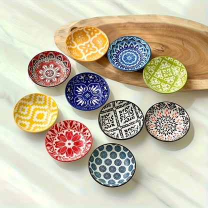 Ceramic Condiment Dish Set of 10 – Bohemian Small Saucer Dipping Bowls for Soy Sauce, Vinegar & Spices | Kitchen, Restaurant, Party, BBQ & Picnic Use | Machine Washable