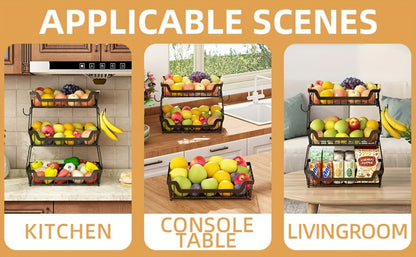 Fruit Basket with Banana Hanger, 2-3 Tier Metal Countertop Organizer with Wooden Handle — Detachable Kitchen Storage Stand for Fruits, Vegetables & Bread | Large Capacity | Black