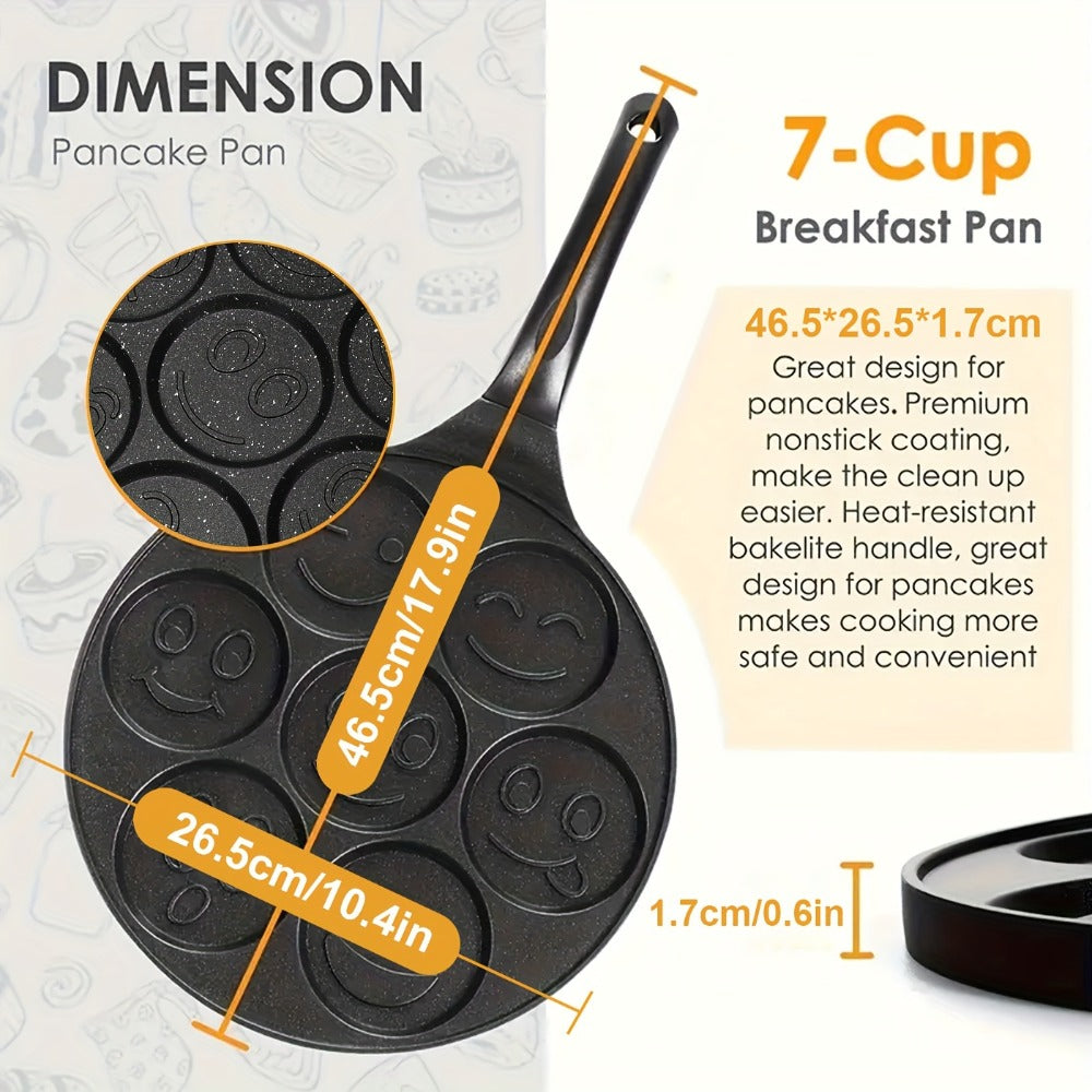 Non-Stick Pancake Pan 7-Hole Smiley Face – Fun Breakfast Egg & Bacon Frying Tray for Kids & Family, Easy to Clean, Mini Pancake Maker Baking Pan Kitchen Cooking Tool
