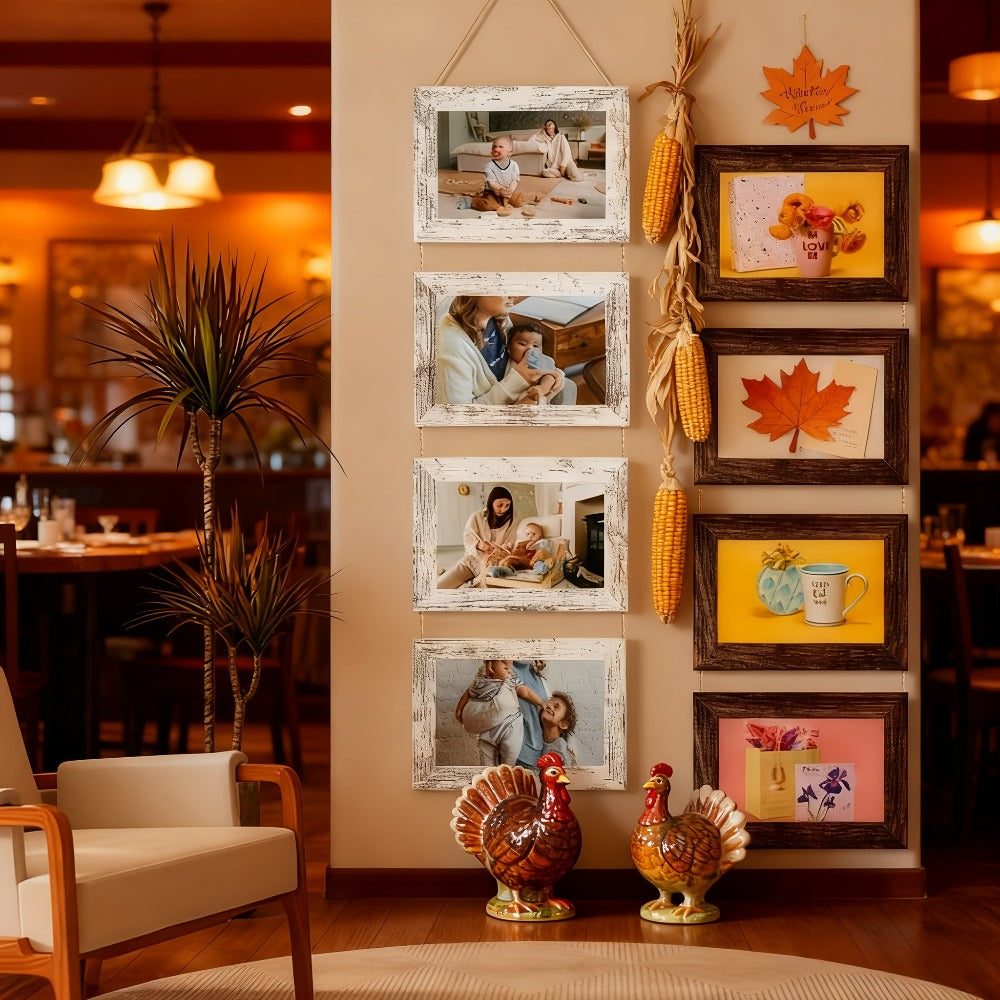 Picture Frame Set 4pcs Wooden Glass 4x6 with Flip-Top Display – Collage Photo Frames for Wall & Desktop, Interchangeable Mat, Home Decor Room Aesthetic – Wedding, Housewarming & Holiday Gift (White/Brown)