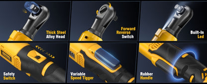 Cordless Ratchet Wrench Set 3/8 Inch 60FT-LBS 80Nm Electric Ratchet 2x20V Rechargeable Variable Speed LED Light 6 Sockets 1/4 Adapter 3 Inch Extension Rod Yellow