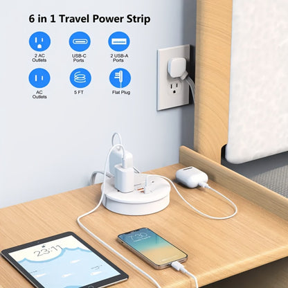 Travel Power Strip Retractable 4ft Flat Plug Extension Cord 3 Outlets 3 USB Ports 2 USB-C Compact Charging Station for Dorm Office Home Desk Travel
