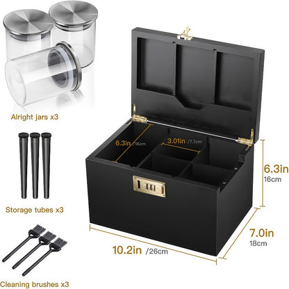 Bamboo Storage Box with Combination Lock Smell-Proof, Sliding Tray Detachable Compartments 3 Glass Jars Brushes Tubes, Wooden Stash Box Kit with Lock Elegant Gift Set for Essentials Organization