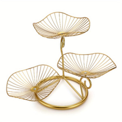 Fruit Basket Stand 3-Tier Decorative Iron Metal Wire Fruit Bowl with Lotus Leaf Design, Countertop Holder for Fruits Vegetables Bread Snacks, Modern Home Kitchen Table Centerpiece Organizer Gold
