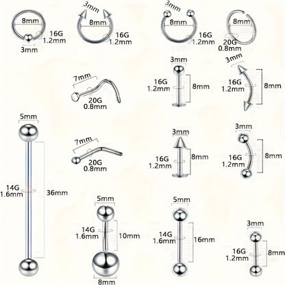 Piercing Kit Stainless Steel Random Set – Nose Bone Ear Tragus Lip Belly Button Eyebrow Piercing Needle Tools with Stainless Steel Jewelry, Trendy Body Piercing Accessories for Men and Women