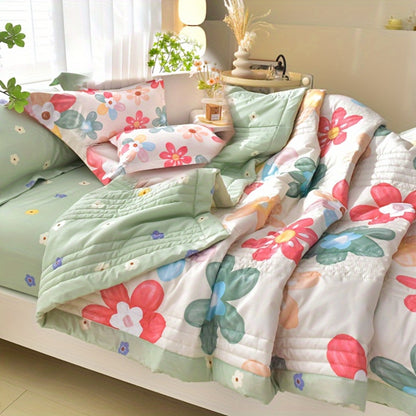 Quilt Set 3 Piece Summer Cooling – Floral Printed Thin Comforter with 2 Pillowcases, Soft Skin-Friendly Bedding for Twin Full Queen King, All Season Lightweight Blanket for Bedroom Hotel Guest Room
