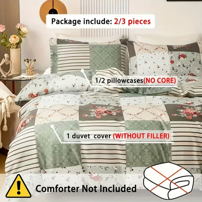 Floral Duvet Cover Set 3 Piece - Zipper Closure Patchwork Comforter Cover with 2 Pillowcases, All-Season Lightweight Kids Bedding Set, Pastoral Flower Plaid Print, Twin Full Queen King